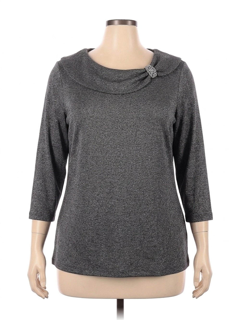 Rafaella Charcoal Shimmer Cowl Neck Sweater with Decorative Brooch